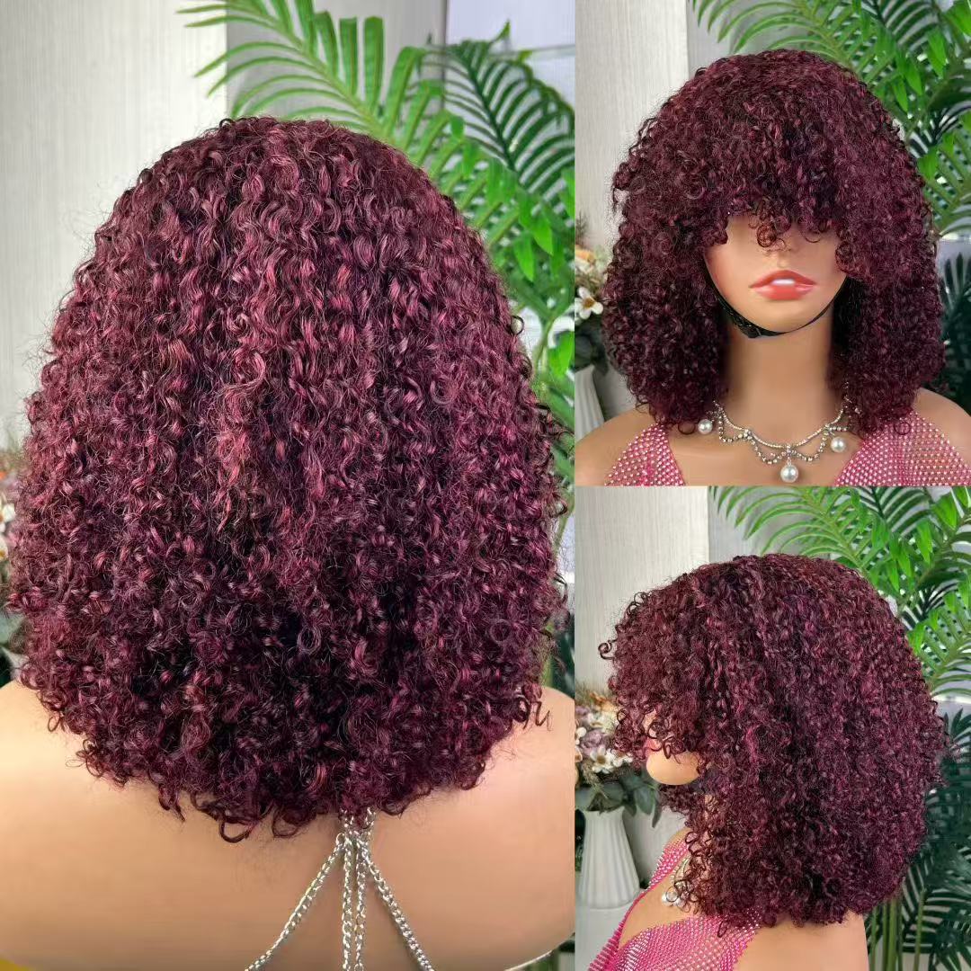 Double Drawn Machine Bob Wig With Bangs Pixie Curl 12 Inch