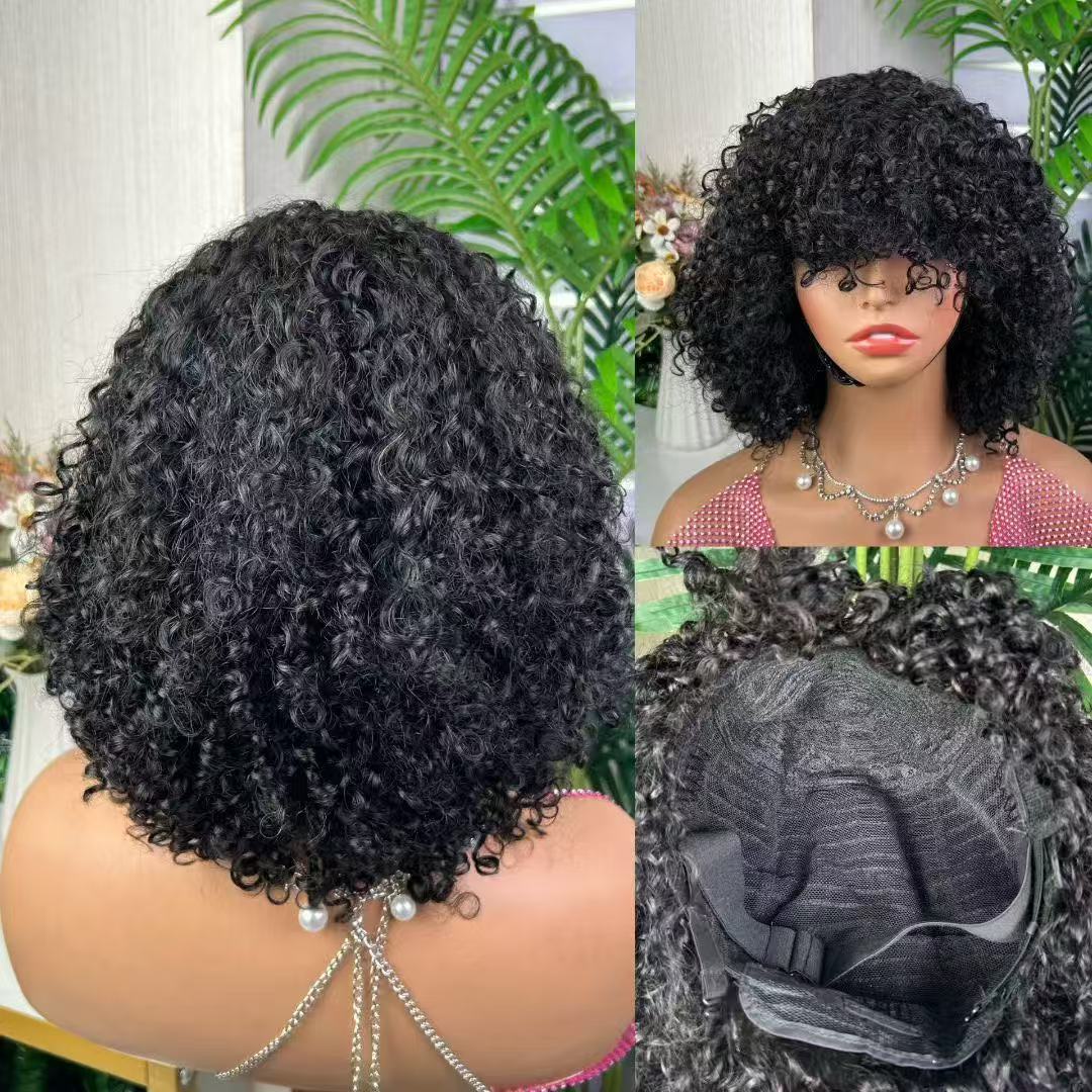 Double Drawn Machine Bob Wig With Bangs Pixie Curl 12 Inch