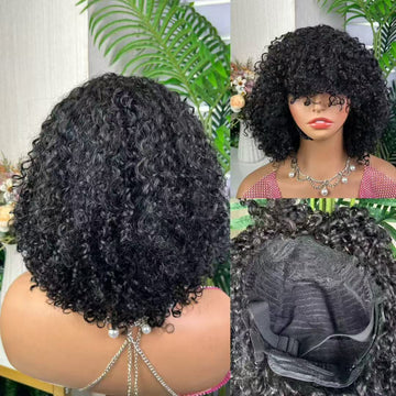 Double Drawn Machine Bob Wig With Bangs Pixie Curl 12 Inch